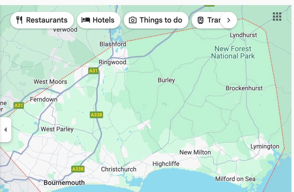 Map showing mobile massage service coverage across the New Forest, including Christchurch, Ringwood and New Milton.
