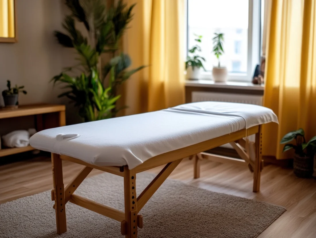 Mobile massage table with fresh linens set up in a bright Lymington living room for an in-home massage.