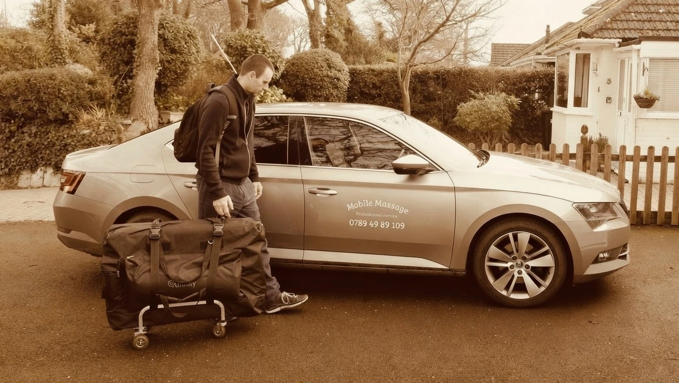 Mobile massage therapist arriving for an in-home treatment in the New Forest.