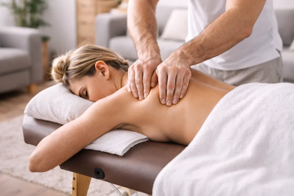 Mobile massage treatment on the back during a home visit session